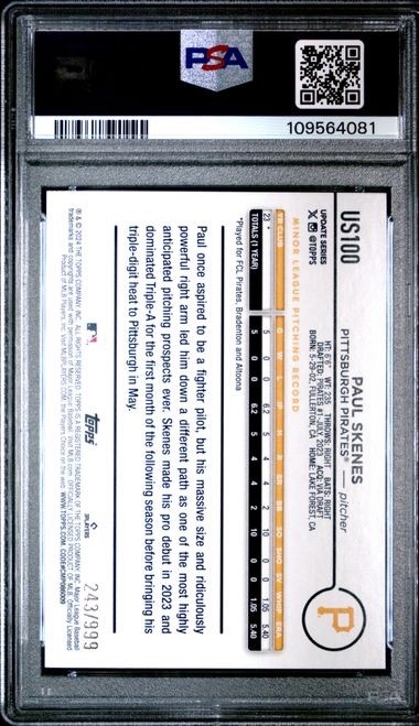 2024 Topps Update Blue Holo Foilboard Paul Skenes RC Rookie 243/999 PSA 10 view 2