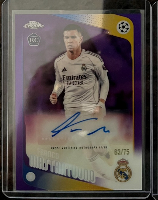 2025-26 Topps Chrome UEFA Franco Mastantuono Purple Refractor Rookie Auto 63/75