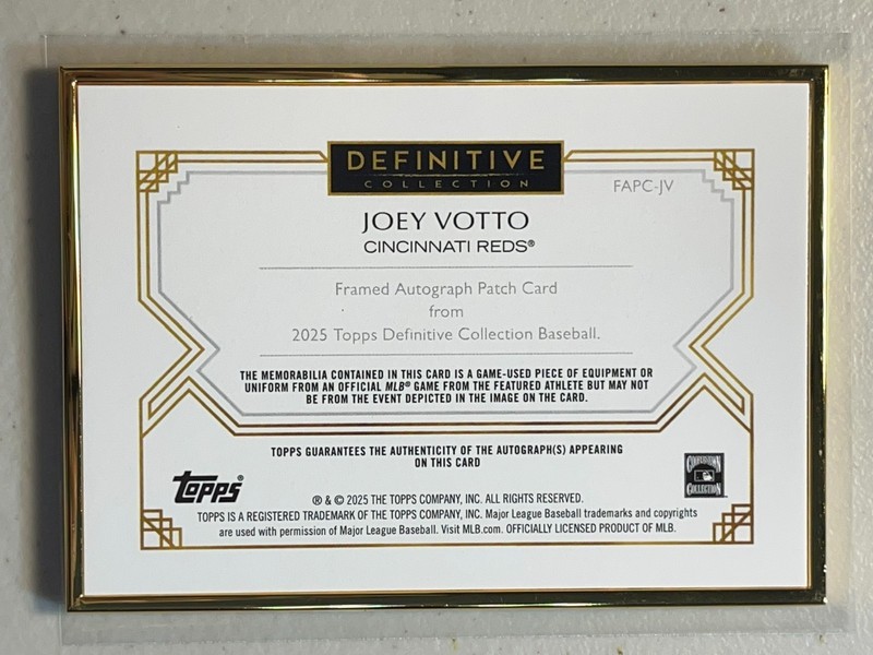 Joey Votto 2025 Topps Definitive /5 Red Patch Auto Gold Framed Autograph Jersey view 2