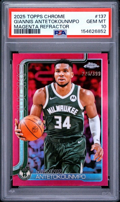 Giannis Antetokounmpo PSA 10 Pop 5 2025 Topps Chrome /399 Magenta Refractor #137