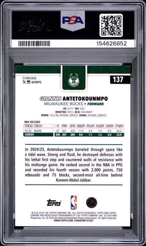 Giannis Antetokounmpo PSA 10 Pop 5 2025 Topps Chrome /399 Magenta Refractor #137 view 2