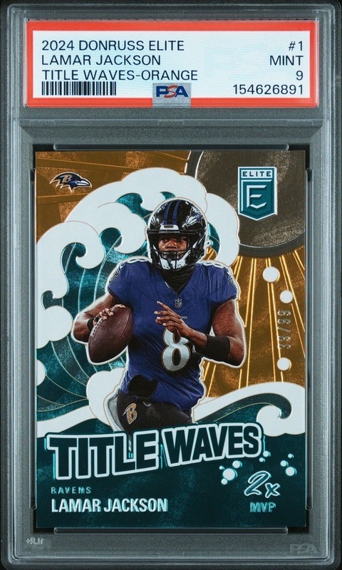 Lamar Jackson PSA 9 Pop 1, 1 Higher 2024 Donruss Elite /99 Orange Title Waves #1 view 1