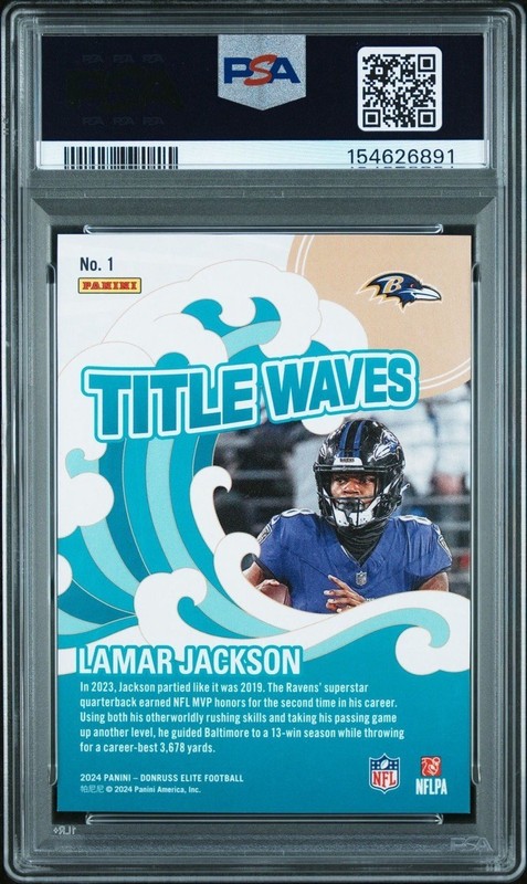 Lamar Jackson PSA 9 Pop 1, 1 Higher 2024 Donruss Elite /99 Orange Title Waves #1 view 2