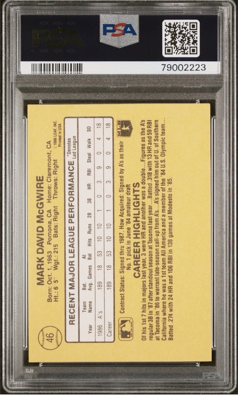 1987 Donruss Mark McGwire #46 PSA 10 Rated Rookie Card RC Oakland Athletics view 2