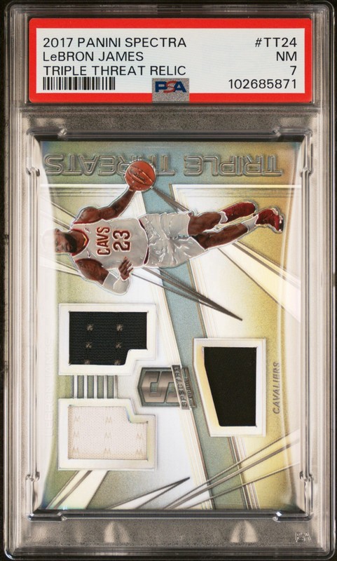 2017-18 Panini Spectra Triple Threats Relic GU LeBron James #TT24 /99 PSA CAVS