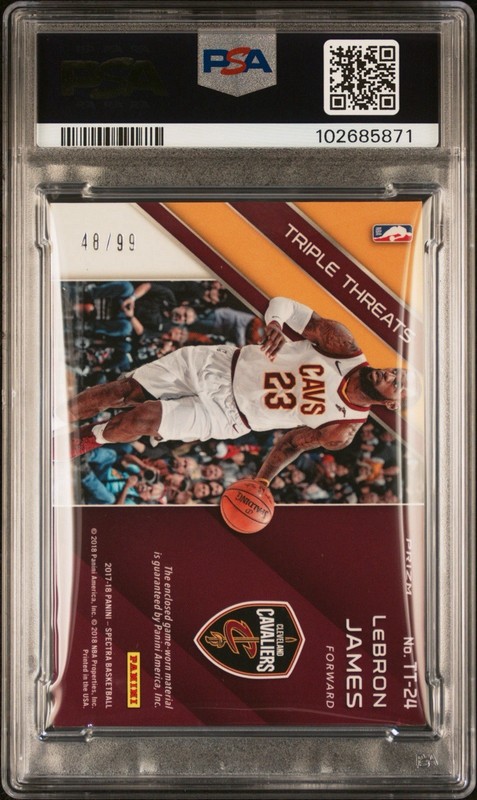 2017-18 Panini Spectra Triple Threats Relic GU LeBron James #TT24 /99 PSA CAVS view 2