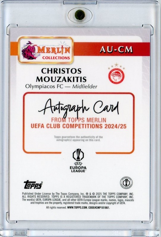 2024-25 Topps Merlin Chrome UEFA Christos Mouzakitis Rookie Auto Pink /199 AU-CM view 2