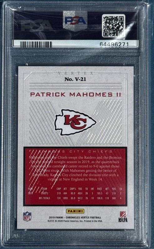 Patrick Mahomes II 2019 Panini Chronicles Vertex #V-21 Red /199 PSA 10 Gem Mint view 2