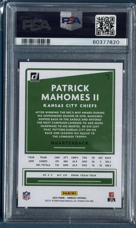 Patrick Mahomes II 2020 Panini Donruss #1 PSA 10 Gem Mint Kansas City Chiefs view 2