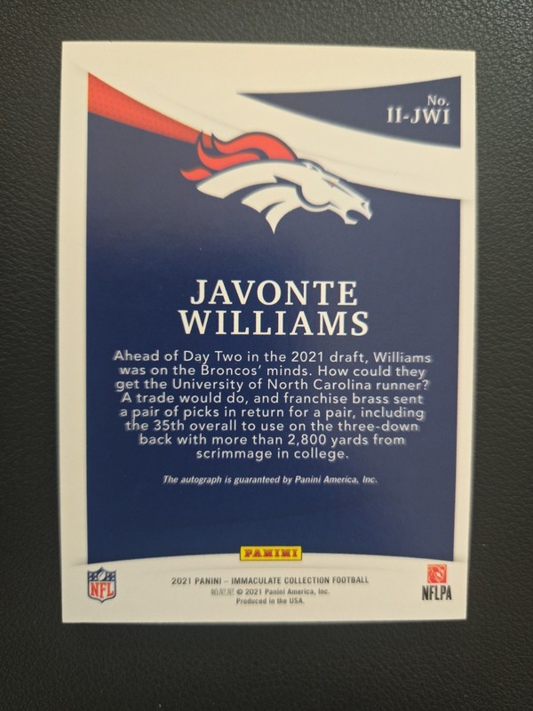 2021 Panini Immaculate Collection Javonte Williams RC Patch Auto /49 Broncos view 2