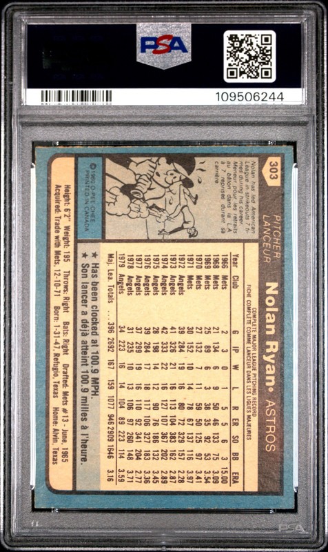 1980 O-Pee-Chee #303 Nolan Ryan PSA 7 NM New Label view 2