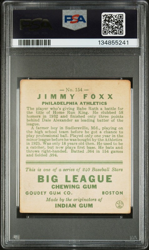 1933 Goudey #154 Jimmy Jimmie Foxx PSA 2.5 GD+ New Label view 2