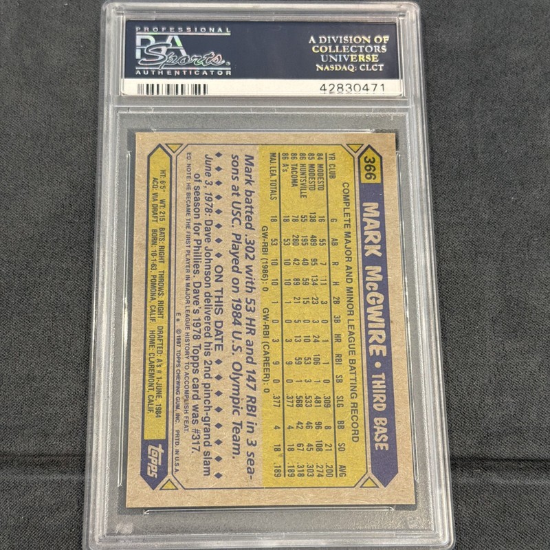 1987 Topps Mark McGwire #366 PSA 10 Gem Mint Oakland A’s Quantity Available view 2