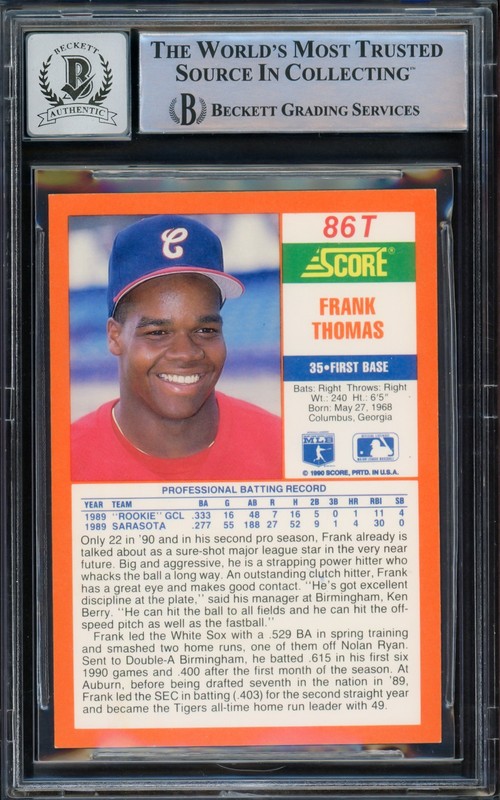 Frank Thomas Signed 1990 Score Traded RC #86T Chicago White Sox Auto 10 Beckett view 2