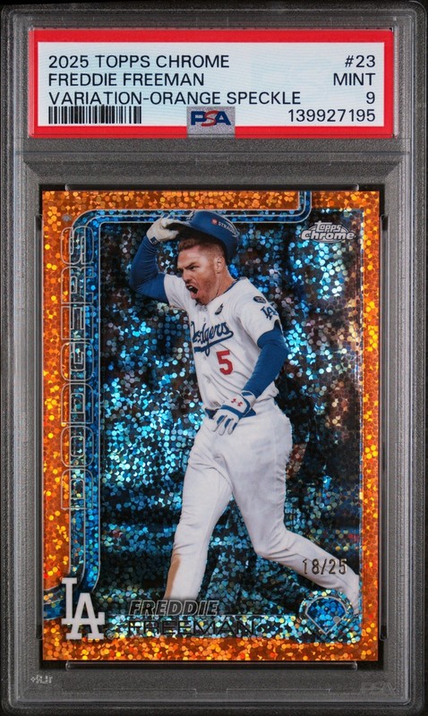 2025 Topps Chrome Freddie Freeman Variation Orange Speckle Refractor /25 PSA 9