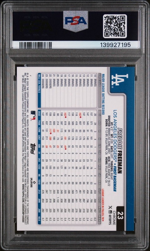 2025 Topps Chrome Freddie Freeman Variation Orange Speckle Refractor /25 PSA 9 view 2