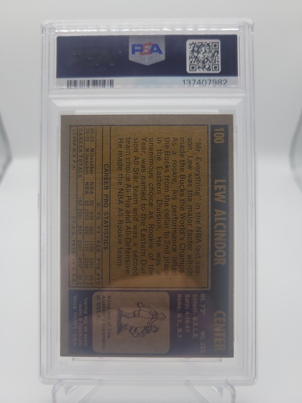 1971 Topps #100 Lew Alcindor (Kareem) PSA 6 Vintage HOF Basketball Card (1406) view 2