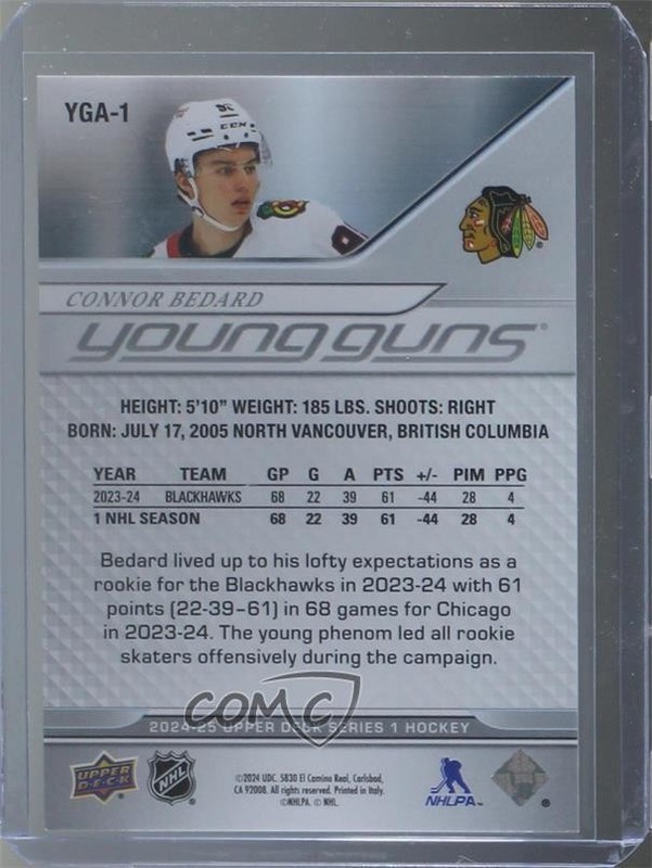 2024 Series 1 2024-25 Young Guns Exclusives Achievement 36/100 Connor Bedard 0tl view 2