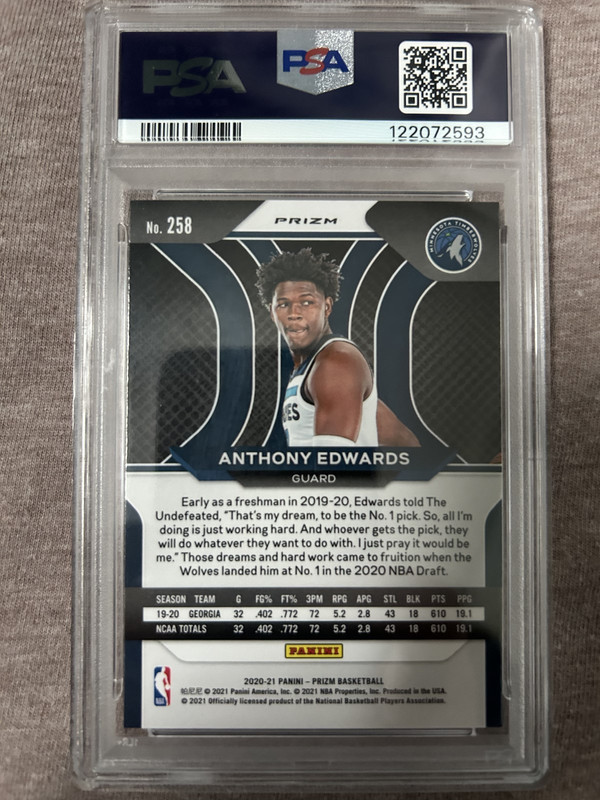 PSA9: 2020 Panini Prizm 258 Anthony Edwards Ruby Wave RC view 2