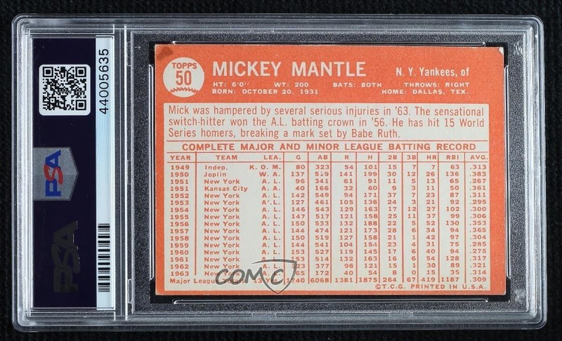 1964 Topps Mickey Mantle #50 PSA 4 HOF view 2