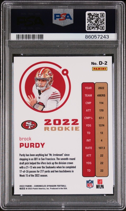 2022 Panini Chronicles Brock Purdy #D-2 Dynagon Rookie PSA 9 view 2