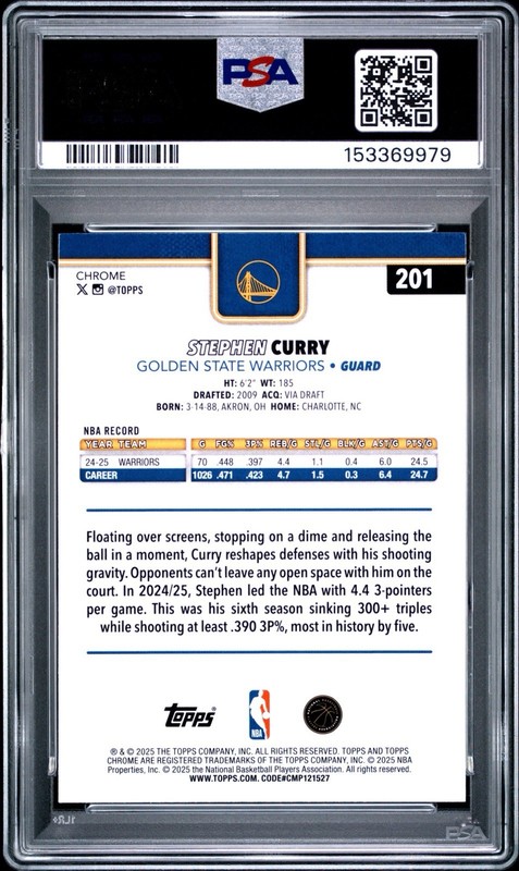 2025-26 Topps Chrome - Stephen Curry #201 Refractor /150 PSA 9 Golden State view 2