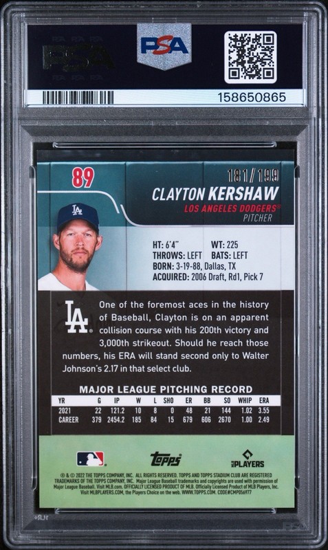 2022 Topps Stadium Club Chrome #89 Clayton Kershaw Blue Refractor /199 PSA 10 view 2