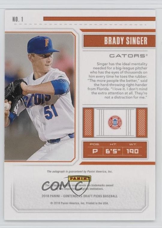 2018 Panini Contenders Draft Picks Draft Ticket RPS Brady Singer #1 Auto 0a3 view 2