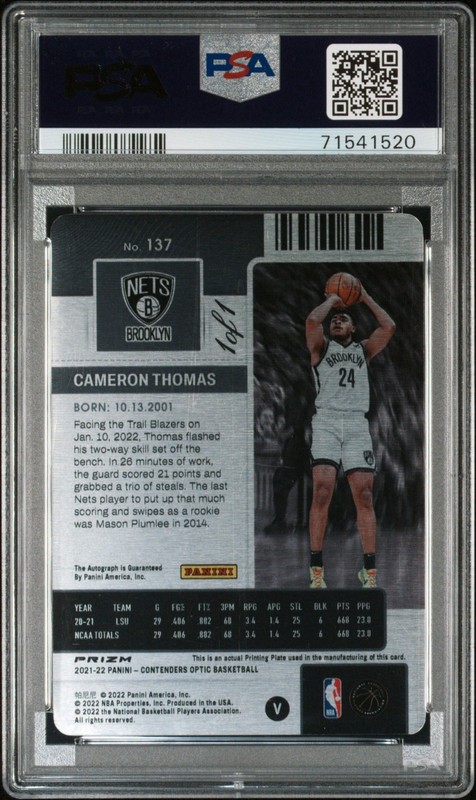 2021 Contenders Optic Printing Plate 1/1 Cameron Thomas Rookie Ticket Auto PSA 9 view 2