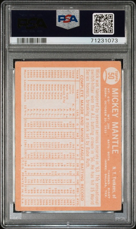 1964 Topps Mickey Mantle #50 PSA 3 view 2