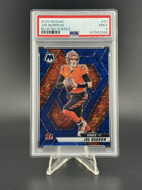 2025 Panini Mosaic Joe Burrow Blue No Huddle /99 #97 PSA 9