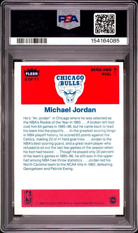 1986-87 FLEER BASKETBALL STICKER #8 MICHAEL JORDAN PSA 4 ROOKIE RC view 2