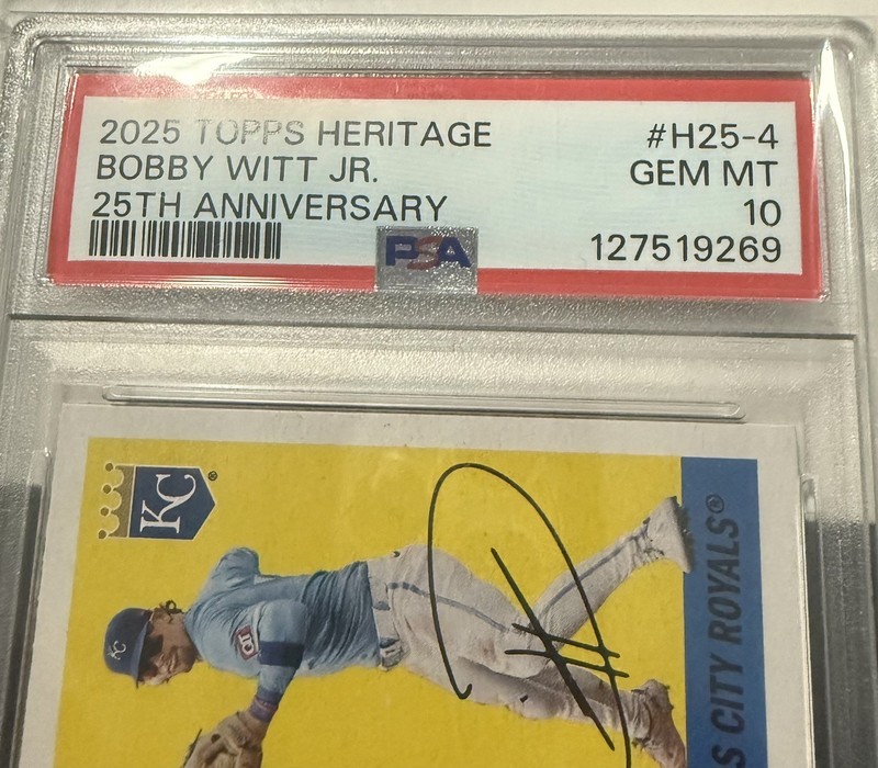 2025 Topps Heritage Heritage 25th Anniversary #H25-4 Bobby Witt Jr. PSA 10 view 2