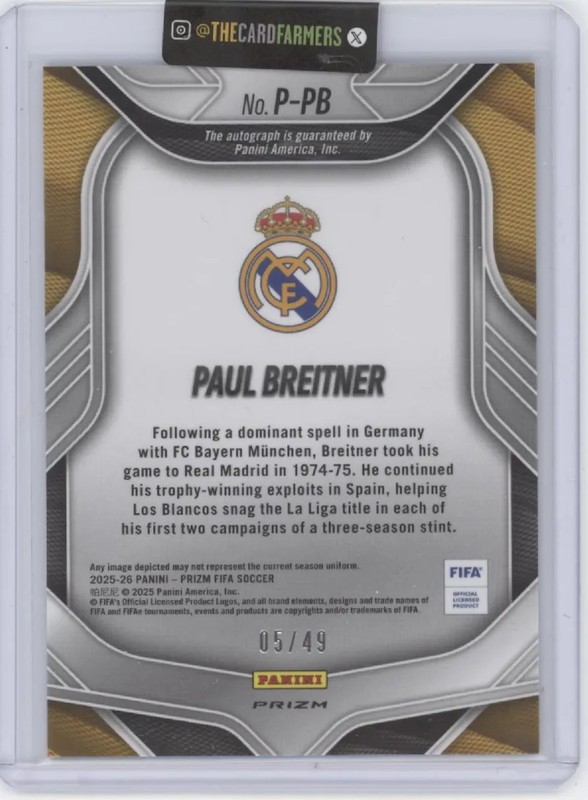 2025 Panini Prizm FIFA Soccer Penmanship Paul Breitner #P-PB Refractor /49 Auto view 2