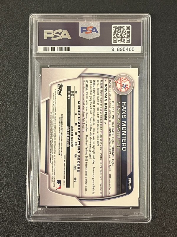 Hans Montero 2023 Bowman Chrome 1st Auto PSA 10 Yankees  view 2