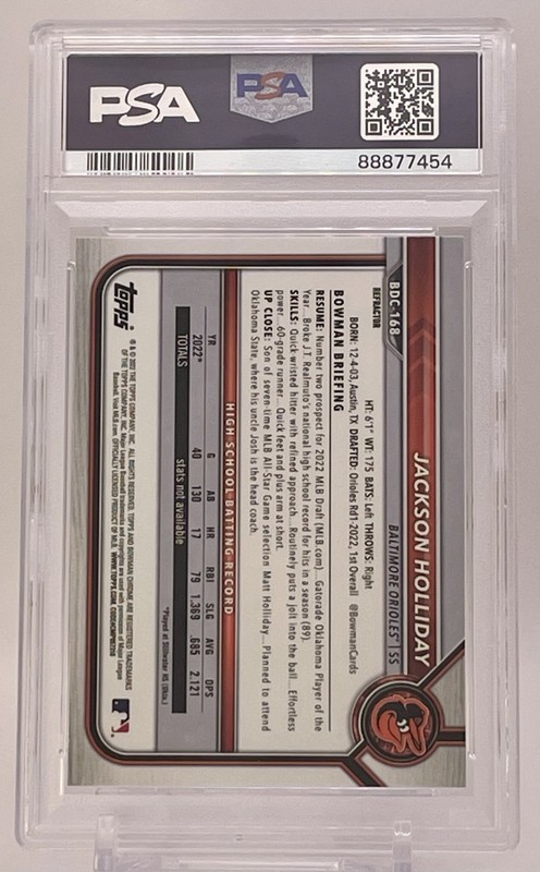 2022 Bowman Draft 1st Jackson Holliday #BDC168 (RC) CHROME-REFRACTOR PSA10 view 2