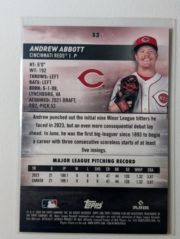 2024 Topps Stadium Club Chrome Andrew Abbott Rookie Superfractor 1/1 #53 view 2