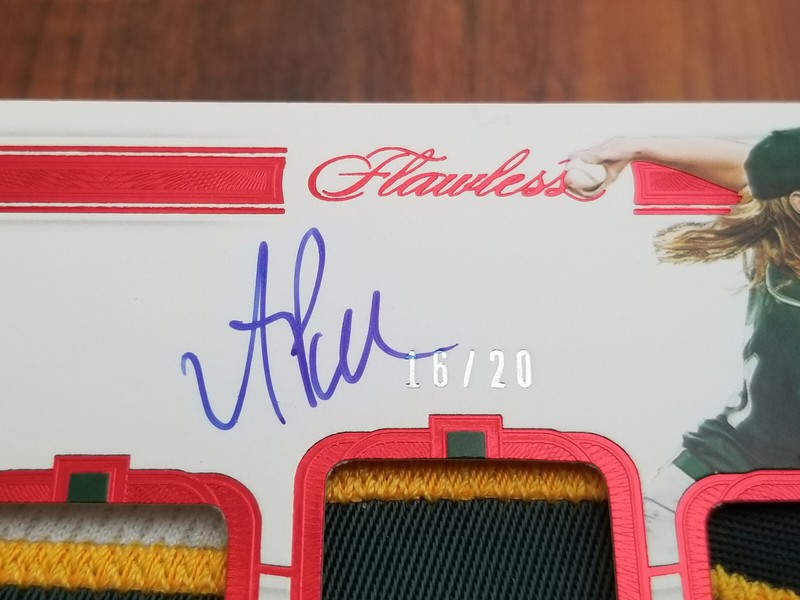 A.J. Puk 2021 Panini Flawless MLB Baseball Ruby Triple Patch Auto Card - #16/20 view 2