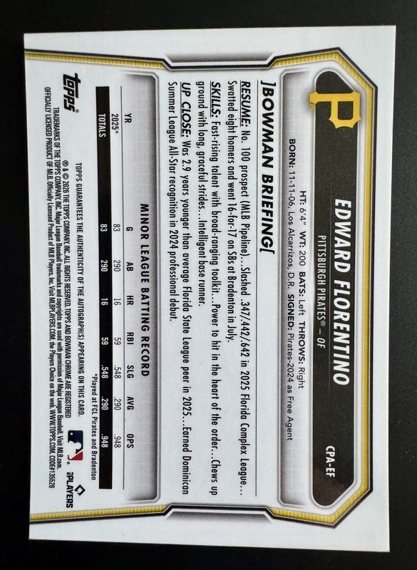 2026 Bowman Chrome Edward Florentino 1st Prospect Auto #CPA-EF Pirates view 2