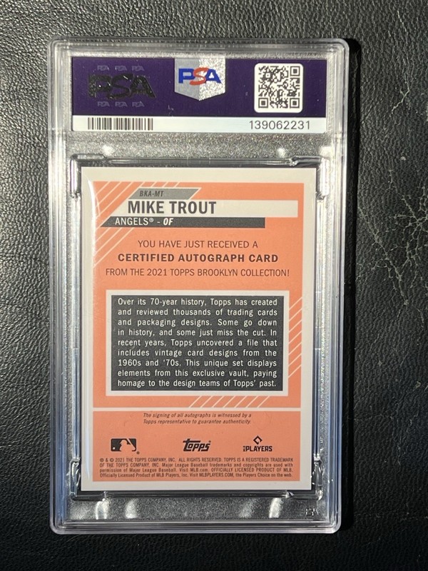 MIKE TROUT 2021 Topps Brooklyn Collection Orange Auto 5/20 PSA 9 MT view 2