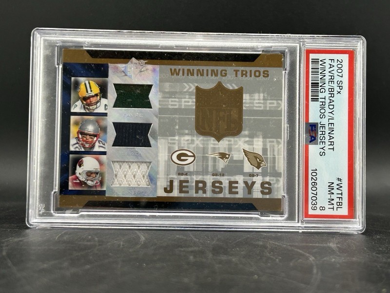 2007 SPx Winning Trios Jersey Brett Favre Tom Brady Game Used Patch Gold PSA 8