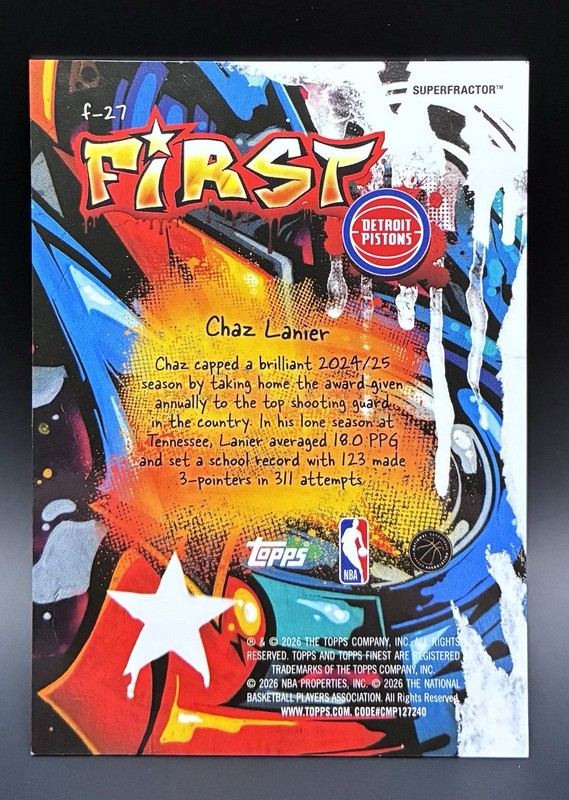 2025-26 Topps Finest - Chaz Lanier Superfractor RC 1/1 view 2