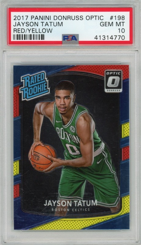 2017-18 Panini Donruss Optic Jayson Tatum Red and Yellow RC #198 Celtics PSA 10 view 1