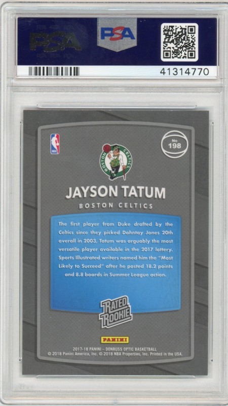 2017-18 Panini Donruss Optic Jayson Tatum Red and Yellow RC #198 Celtics PSA 10 view 2