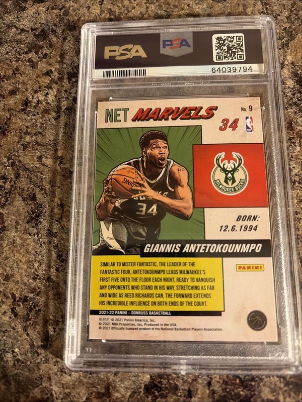 2021-22 Panini Donruss Net Marvels Giannis Antetokounmpo #9 PSA 9 view 2