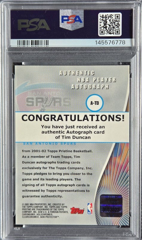 2001-02 Topps Pristine Autographs Tim Duncan SSP Auto #A-TD PSA 10 Gem Mint🔥📈  view 2