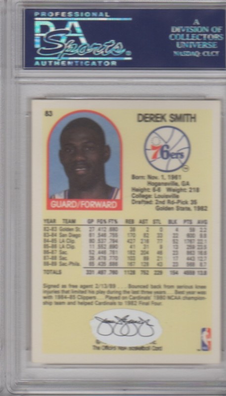 Derek Smith Philadelphia 76ers 1989 Hoops Signed AUTOGRAPH PSA DNA JSA view 2