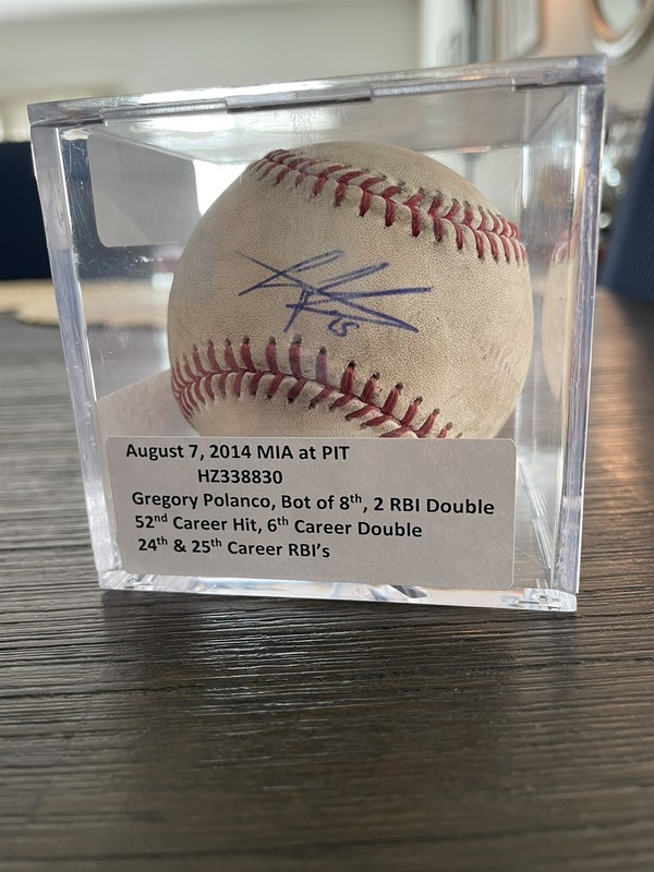 Gregory Polanco Auto Game Used Baseball. 2RBI Double. 52ns career hit, 6th Doubl