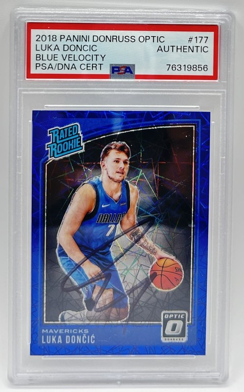 Luka Doncic Signed 2018-19 Panini Optic Blue Velocity Prizm #177 Auto PSA/DNA