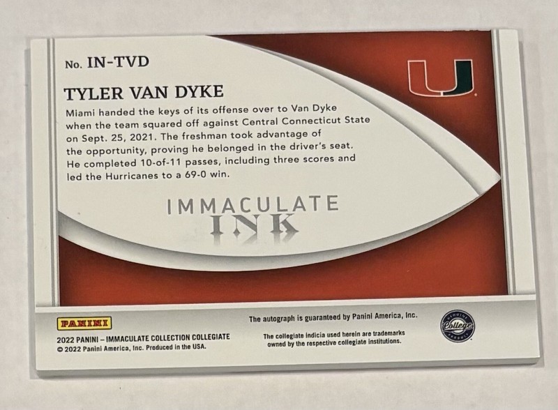 2020 Immaculate Collection Tyler Van Dyke Immaculate Ink Auto #4/49 Hurricanes view 2